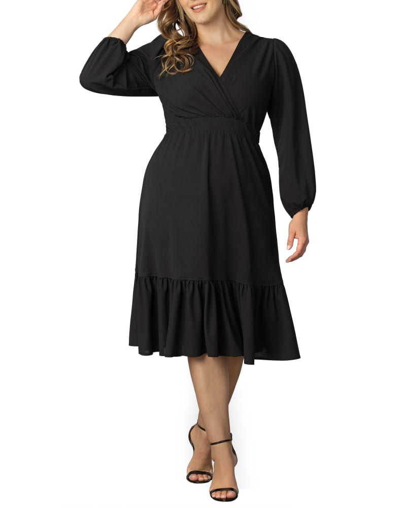 Front of a model wearing a size 3X Portia Long Sleeve Dress in BLACK NOIR by Kiyonna. | dia_product_style_image_id:316337